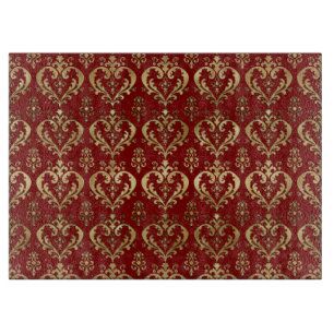 Planche À Découper Cœurs rouges et or élégants Damassé de la Saint-Va