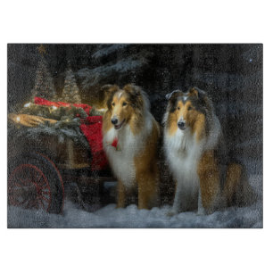 Planche À Découper Collie Roughneux Décor de Noël Chariot enneigé