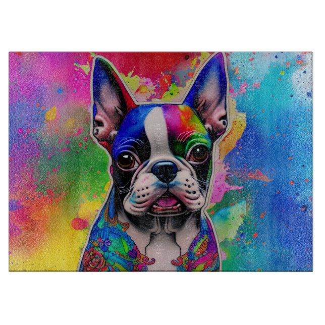Planche À Découper Coloré Boston Terrier Peinture Splashes (Devant)