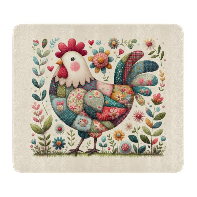 Planche À Découper Coq en patchwork folklorique avec découpes à accen (Devant)