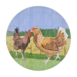 Planche À Découper Coq et poule brune à la campagne