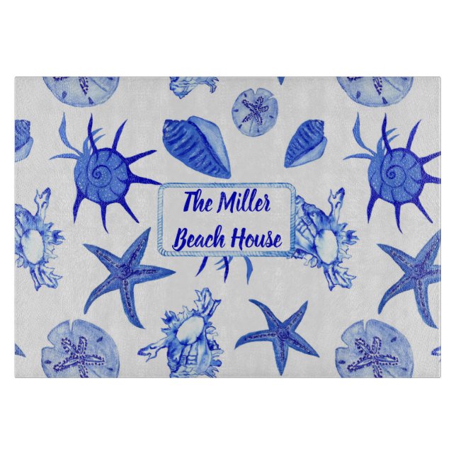 Planche À Découper Coquillage bleu mélangé nom motif personnalisé (Devant)