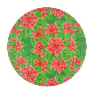 Planche À Découper Coral Orange Camellias et Feuilles verts