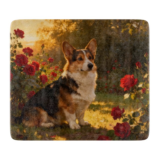 Planche À Découper Corgi dans les Roses I (Devant)