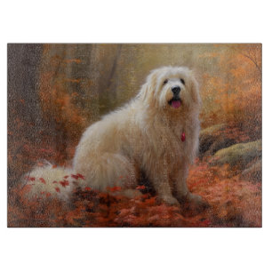 Planche À Découper Coton De Tulear dans les feuilles d'automne qui to