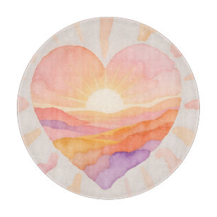 Planche À Découper Coucher de soleil cœur aquarelle sérénité