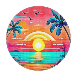 Planche À Découper Coucher de soleil de plage tropical avec arc-en-ci