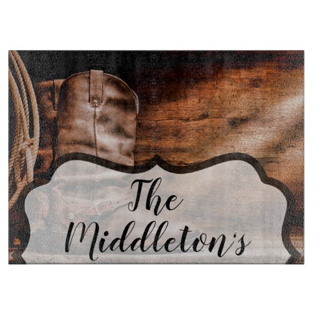 Planche À Découper Coupe de verre personnalisée Bottes de cowboy Bois (Devant)