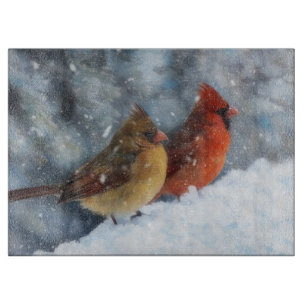 Planche À Découper Couple de Cardinals dans l'Art en Verre de Neige