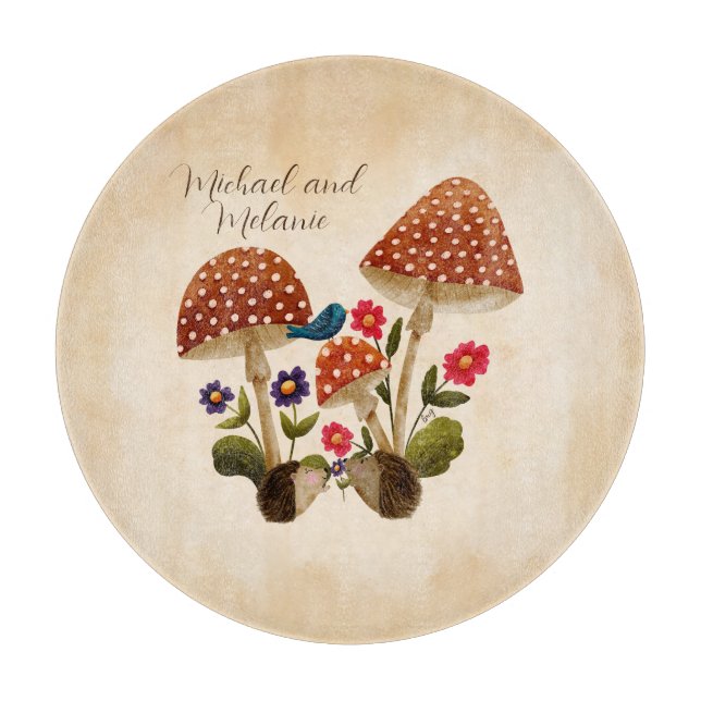 Planche À Découper Couple de hérissons avec champignons et fleurs (Devant)
