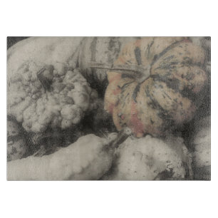 Planche À Découper Courges d'automne en noir et blanc vintage