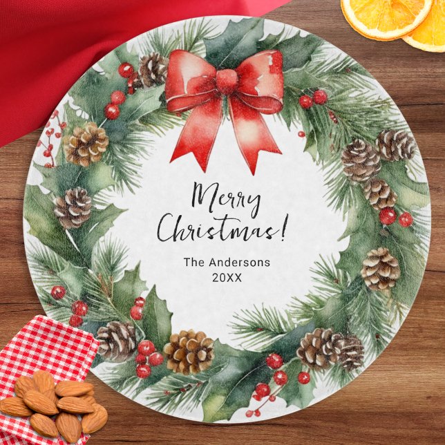 Planche À Découper Couronne aquarelle rustique Joyeux Noël (A stylish cutting board with festive Christmas wreath design, personalized with a name and the year)