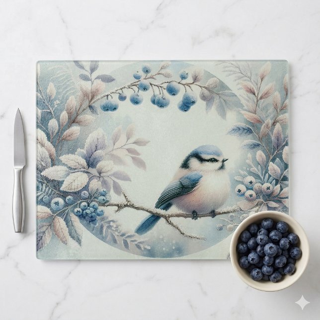Planche À Découper Couronne de baies de merisier pour l'hiver (Winter Bluebird Berry Wreath Cutting Board)