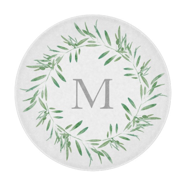 Planche À Découper Couronne d'olive verte aquarelle (Devant)