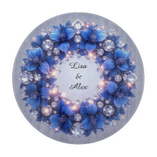 Planche À Découper Couronne élégante ornée de fleurs bleues