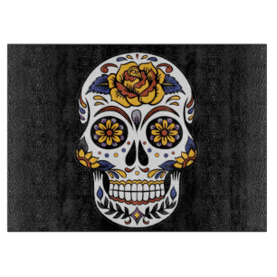 Planche À Découper Crâne à sucre rose jaune sur noir