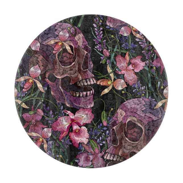 Planche À Découper Crâne brodé : Motif gothique de l'orchidée (Devant)