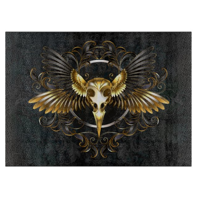 Planche À Découper Crâne d'oiseau doré sur fond noir (Devant)