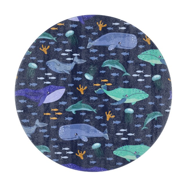 Planche À Découper Créatures marines : baleines, méduses motif. (Devant)