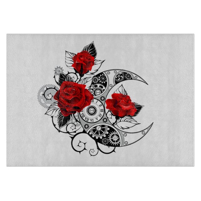 Planche À Découper Croissant mécanique avec roses rouges (Devant)