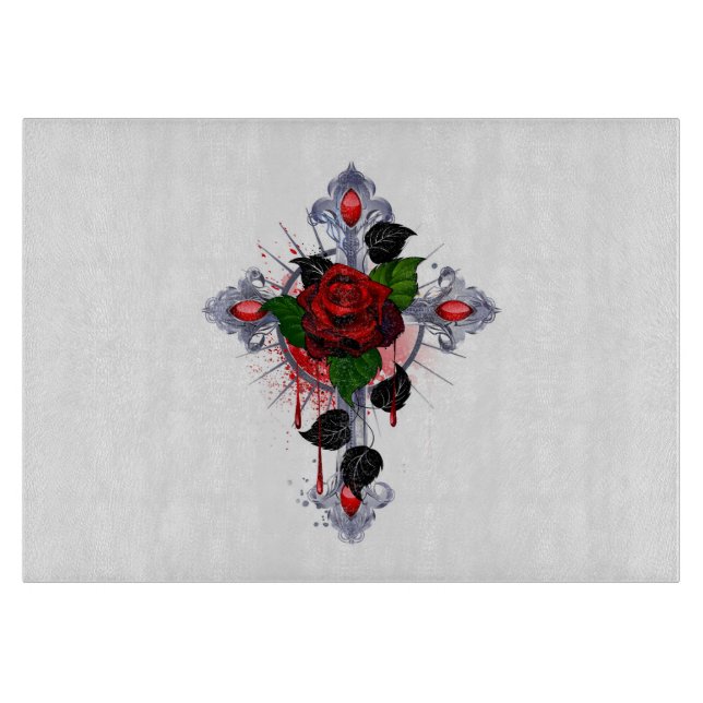 Planche À Découper Croix d'argent avec une rose rouge (Devant)