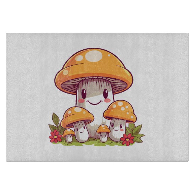 Planche À Découper Cueillette de champignons, style kawaii heureux (Devant)
