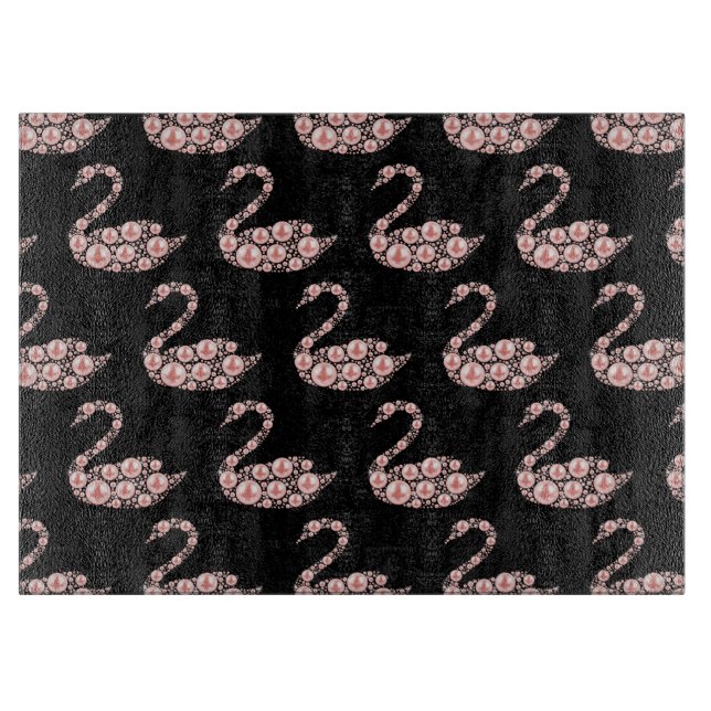 Planche À Découper Cygne élégant perle rose sur fond noir (Devant)