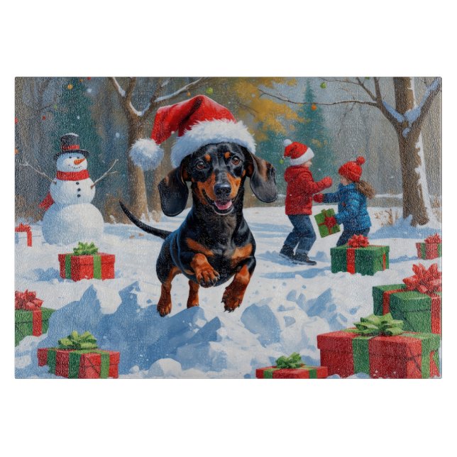 Planche À Découper Dachshund courant dans la neige avec un chapeau de (Devant)