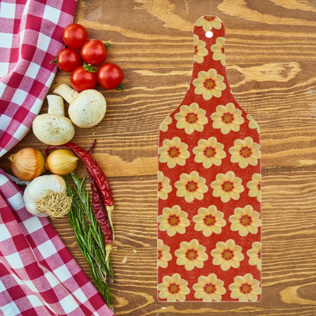 Planche À Découper Dahlia jaune motif floral sur rouge (In Situ)