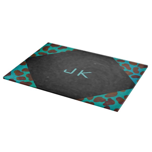 Planche À Découper Dalmatie Brown et Turquoise avec Monogramme (Coin)