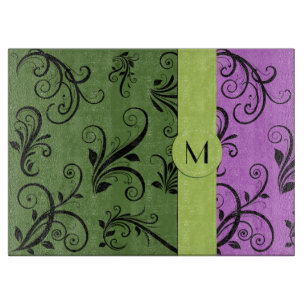 Planche À Découper Damas pourpres, Damas vert, Monogramme