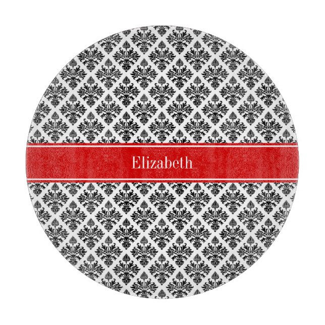 Planche À Découper Damask noir Blanc #3 Red Name Monogram (Devant)