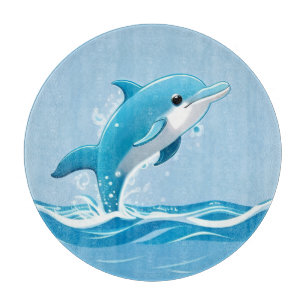 Planche À Découper Dauphin bleu mignon jouant joyeusement dans l'eau