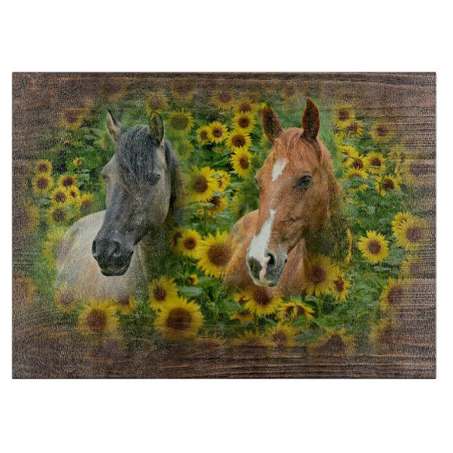Planche À Découper De beaux chevaux dans le champ de tournesols (Devant)