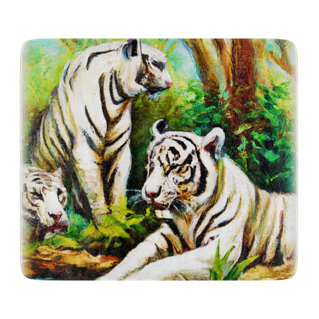 Planche À Découper De Beaux Tigres Blancs Dans La Jungle. Commandez d (Devant)