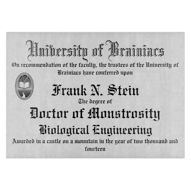 Planche à découper de diplôme de Frankenstein (Devant)