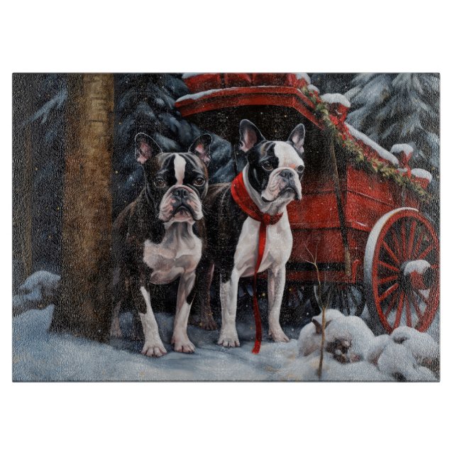 Planche À Découper Décor de Noël de Boston Terrier Snowy Sleigh (Devant)