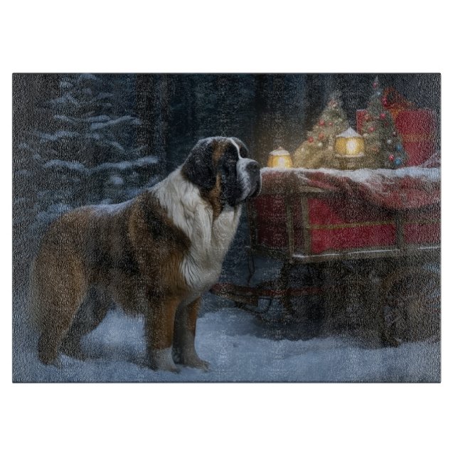 Planche À Découper Décor de Noël de traîneau enneigé Saint-Bernard (Devant)