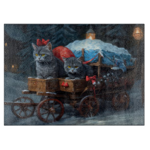 Planche À Découper Décor de Noël Oriental Blue Cat Snowy Sleigh