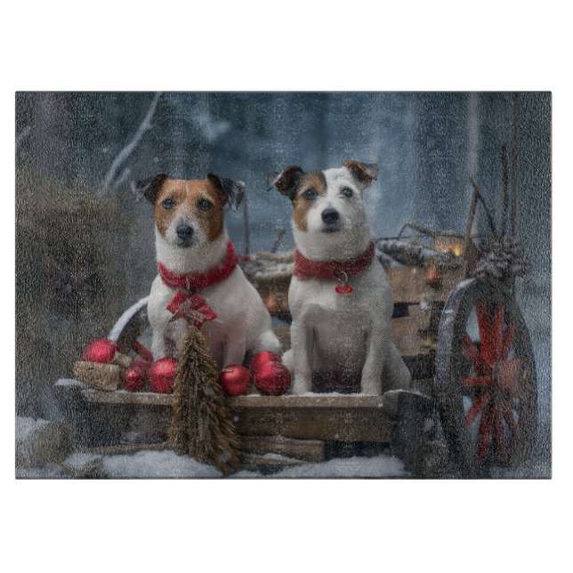 Planche À Découper Décoration de Noël Jack Russell enneigé  (Devant)