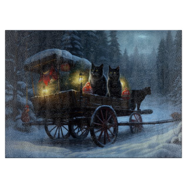 Planche À Découper Décoration de Noël Traîneau enneigé Chat Noir   (Devant)
