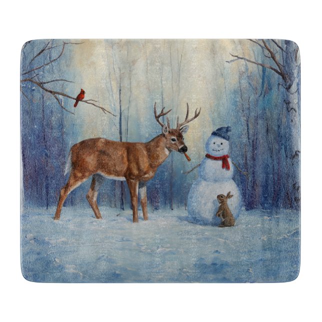 Planche À Découper Deer et Happy Snowman hiver de vacances scène (Devant)