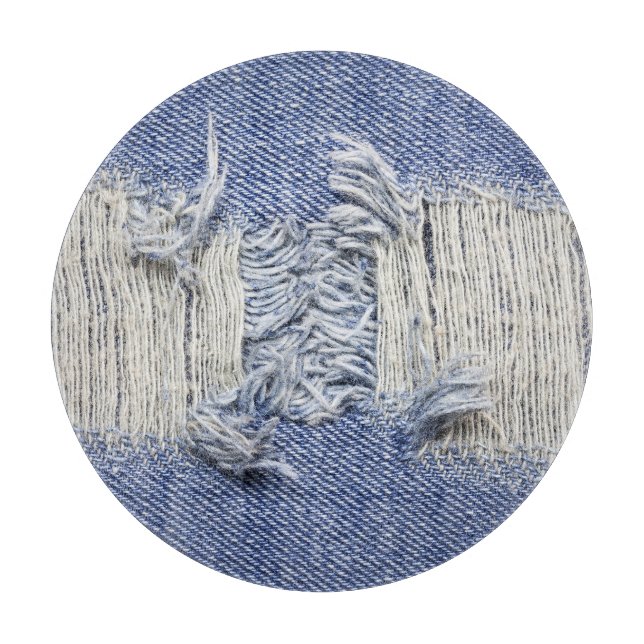 Planche À Découper Dénim bleu déchiré : texture de jeans. (Devant)