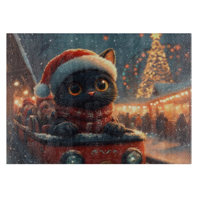 Planche À Découper Dessous de verre noir à rouleaux de chat Noël (Devant)