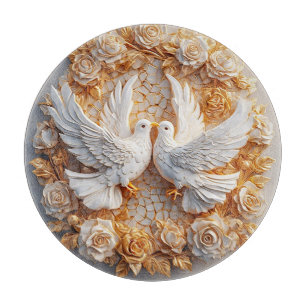 Planche À Découper Deux colombes blanches au milieu d'un motif floral