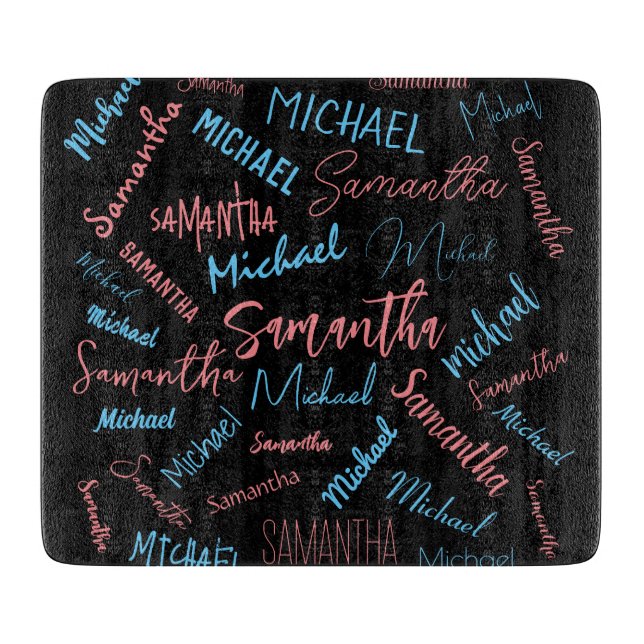 Planche À Découper Deux noms couples motif monogramme bleu rose clair (Devant)