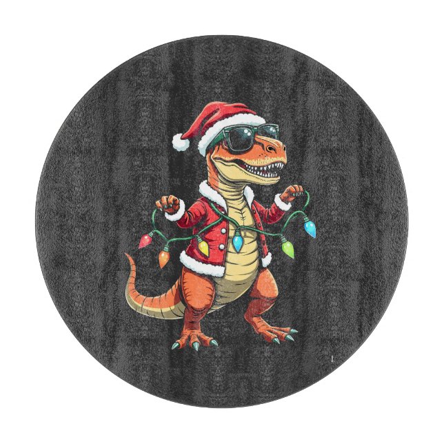 Planche À Découper Dinosaure enveloppé de lumières de Noël Santa Hat (Devant)
