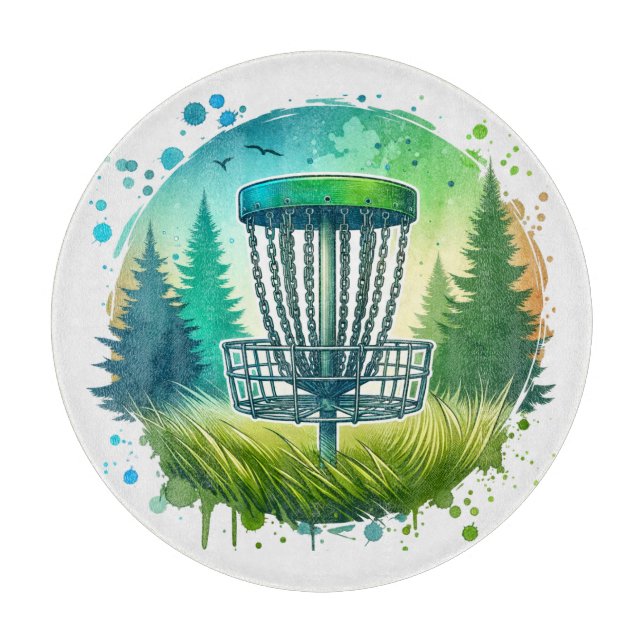 Planche À Découper Disque Golf Panier et Pins Arbres Bleu et Vert (Devant)