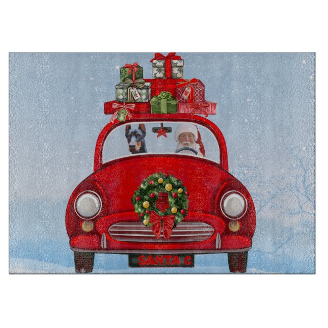 Planche À Découper Doberman Chien En Voiture Avec Le Père Noël (Devant)