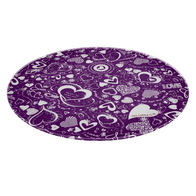 Planche À Découper Doodles d'amour du coeur violet blanc-rond tableau (Coin)